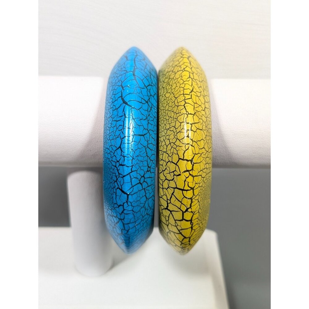 Retro Set of 2 Green Blue Chunky Bangle Bracelets Crackle Finish‎ Bold 8.5 in